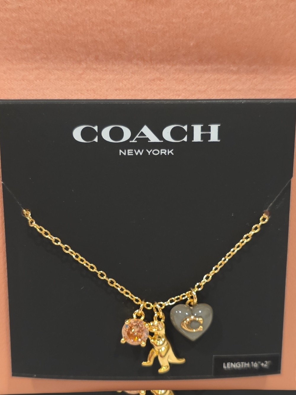 COACH NWT Rexy Pink Gem And Signature C Heart 16-18 In Gold Toned Necklace